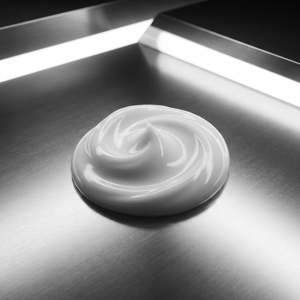 Thick white moisturizing cream on polished chrome surface